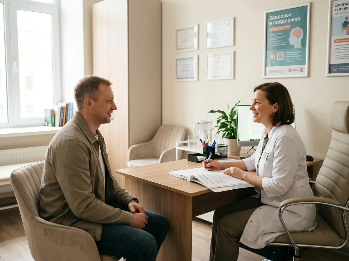 Пациент на плановом приёме нарколога в светлом медицинском кабинете клиники, врач заполняет карту, дружелюбная атмосфера