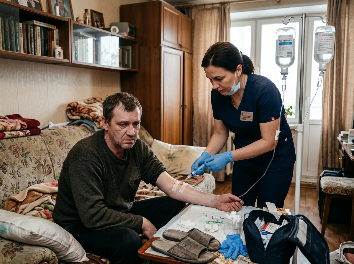 Врач-нарколог вводит препарат пациенту через капельницу для снятия ломки, медицинская обстановка на дому, экстренная помощь