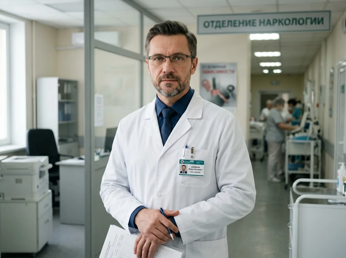 Врач-нарколог Семёнов Игорь Павлович, мужчина около 45 лет, в белом медицинском халате, серьёзный профессиональный взгляд, клинический фон