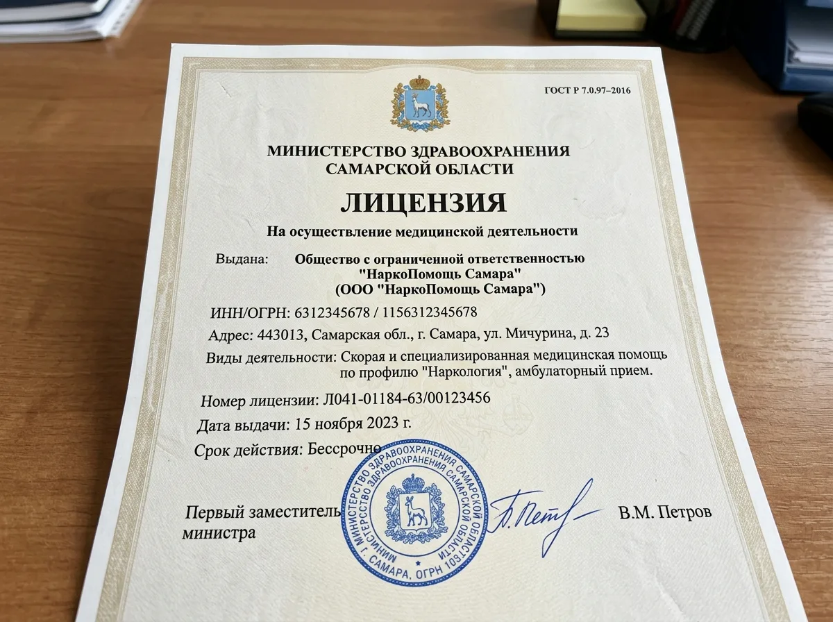 Скан медицинской лицензии ООО НаркоПомощь Самара от Министерства здравоохранения Самарской области — официальный документ с печатями и подписями