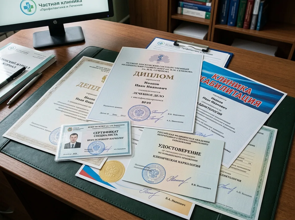 Скан дипломов и сертификатов врачей-наркологов — подборка документов о медицинском образовании специалистов клиники, официальный вид