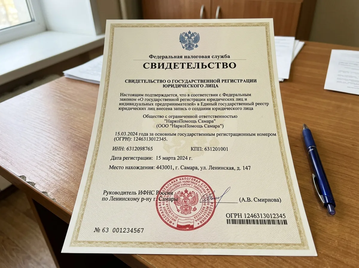 Свидетельство о государственной регистрации юридического лица ООО НаркоПомощь Самара, официальный документ с гербовой печатью налоговой службы