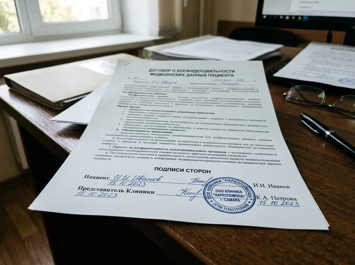 Договор о конфиденциальности медицинских данных пациента — официальный документ с подписями и печатью клиники НаркоПомощь Самара